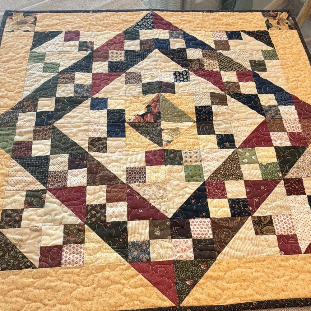 Handmade Quilted Cotton Patchwork Square Table Topper Beige Floral 23.5in